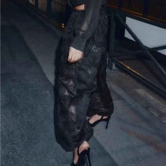 New ZARA Black Sheer Wide-Leg Lace Ballon Pants - Picture 2 of 5